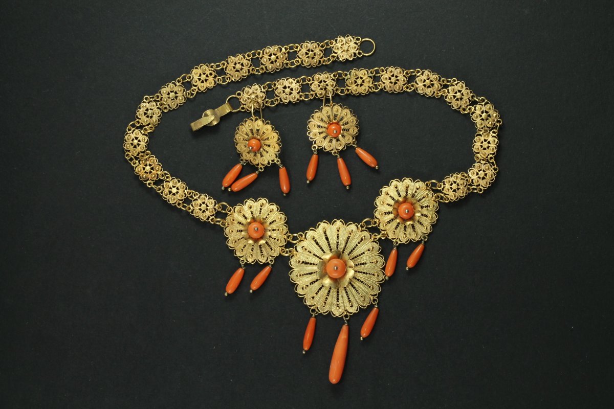 Collier Boucles d'Oreilles Anciennes Or Corail-photo-2