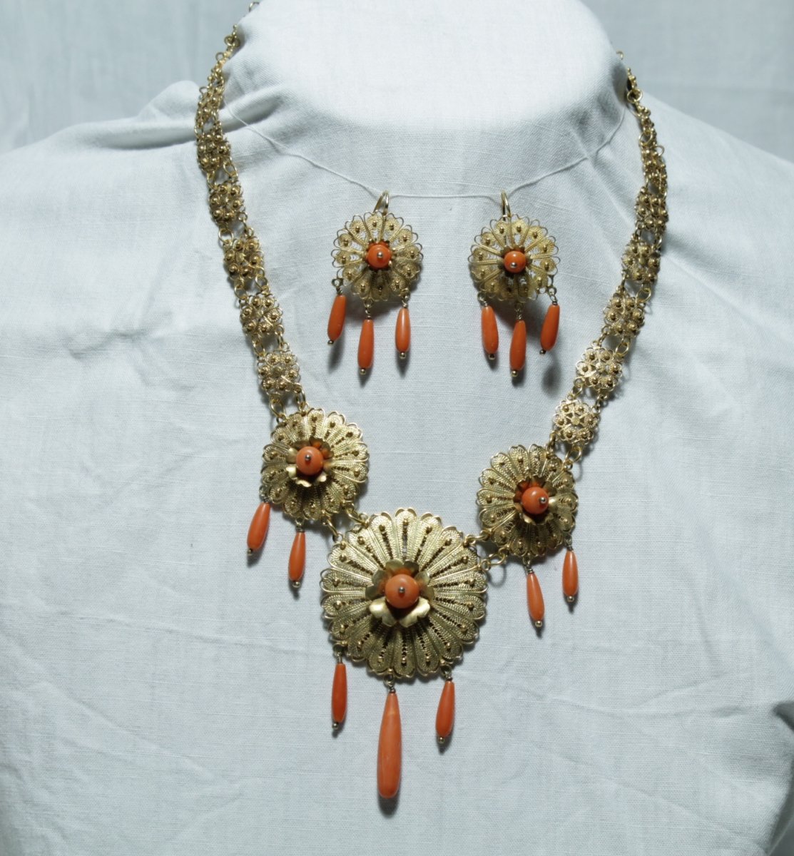 Collier Boucles d'Oreilles Anciennes Or Corail-photo-3