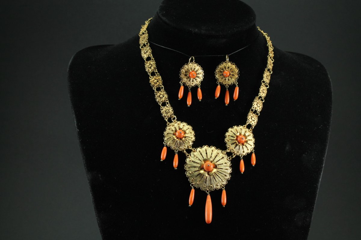 Collier Boucles d'Oreilles Anciennes Or Corail-photo-4