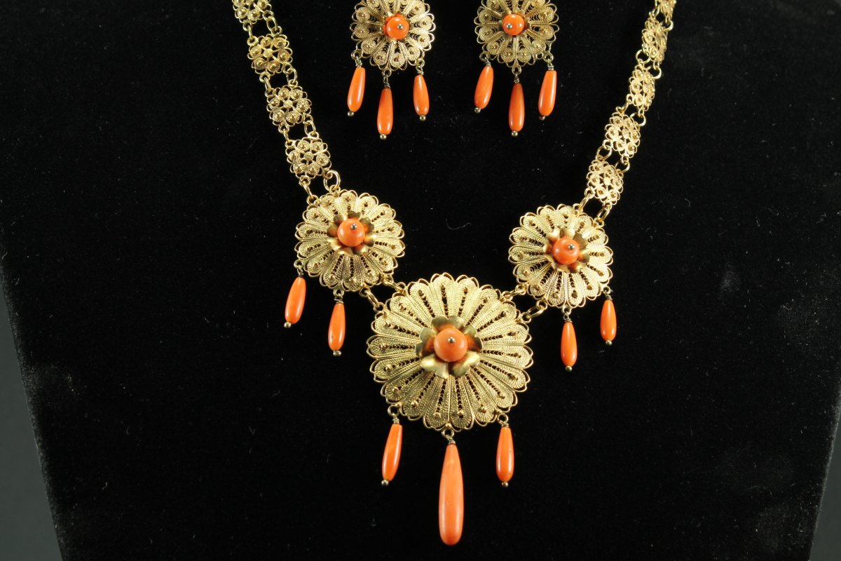 Collier Boucles d'Oreilles Anciennes Or Corail-photo-3