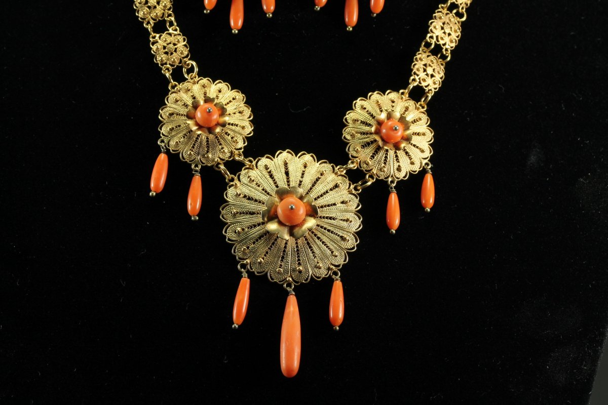 Collier Boucles d'Oreilles Anciennes Or Corail-photo-4