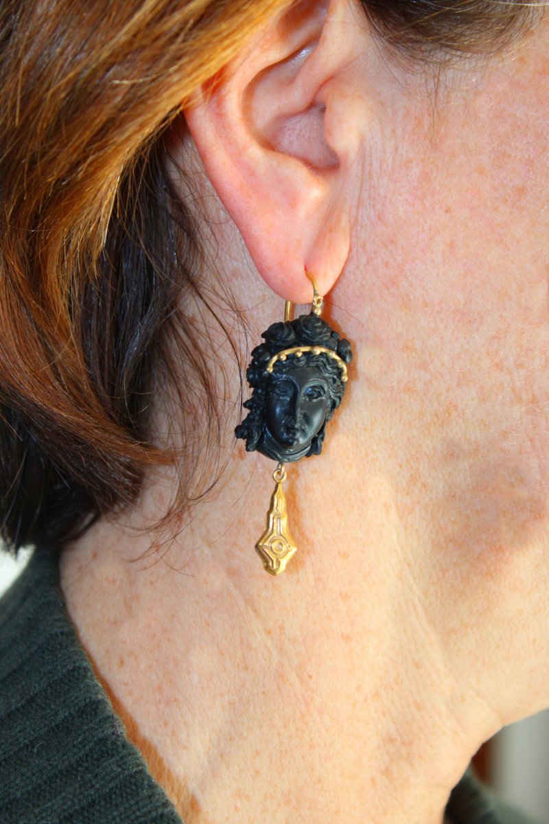 Boucles d'Oreilles Anciennes Or Onyx Camee-photo-4