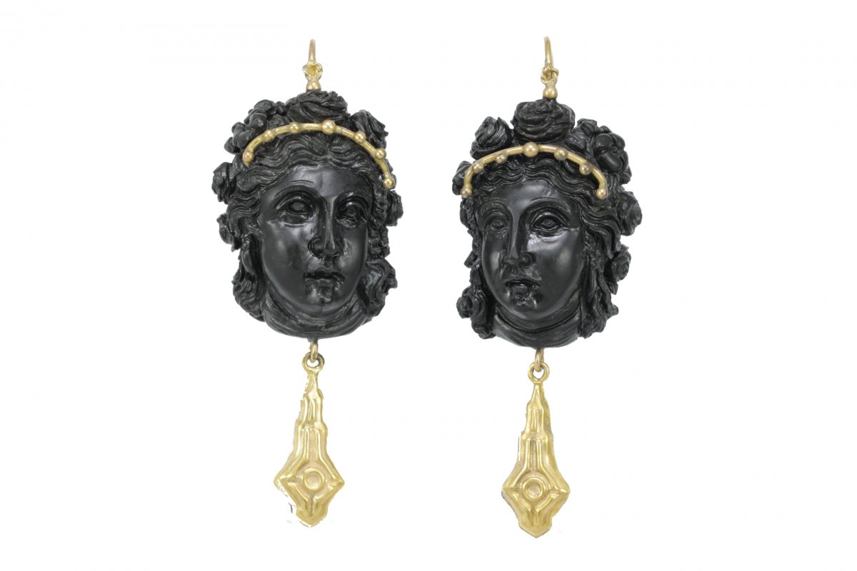 Boucles d'Oreilles Anciennes Or Onyx Camee
