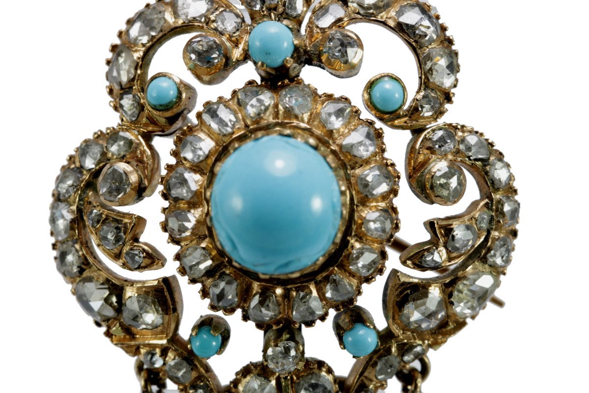 Broche Ancienne Or Diamants Turquoise-photo-3