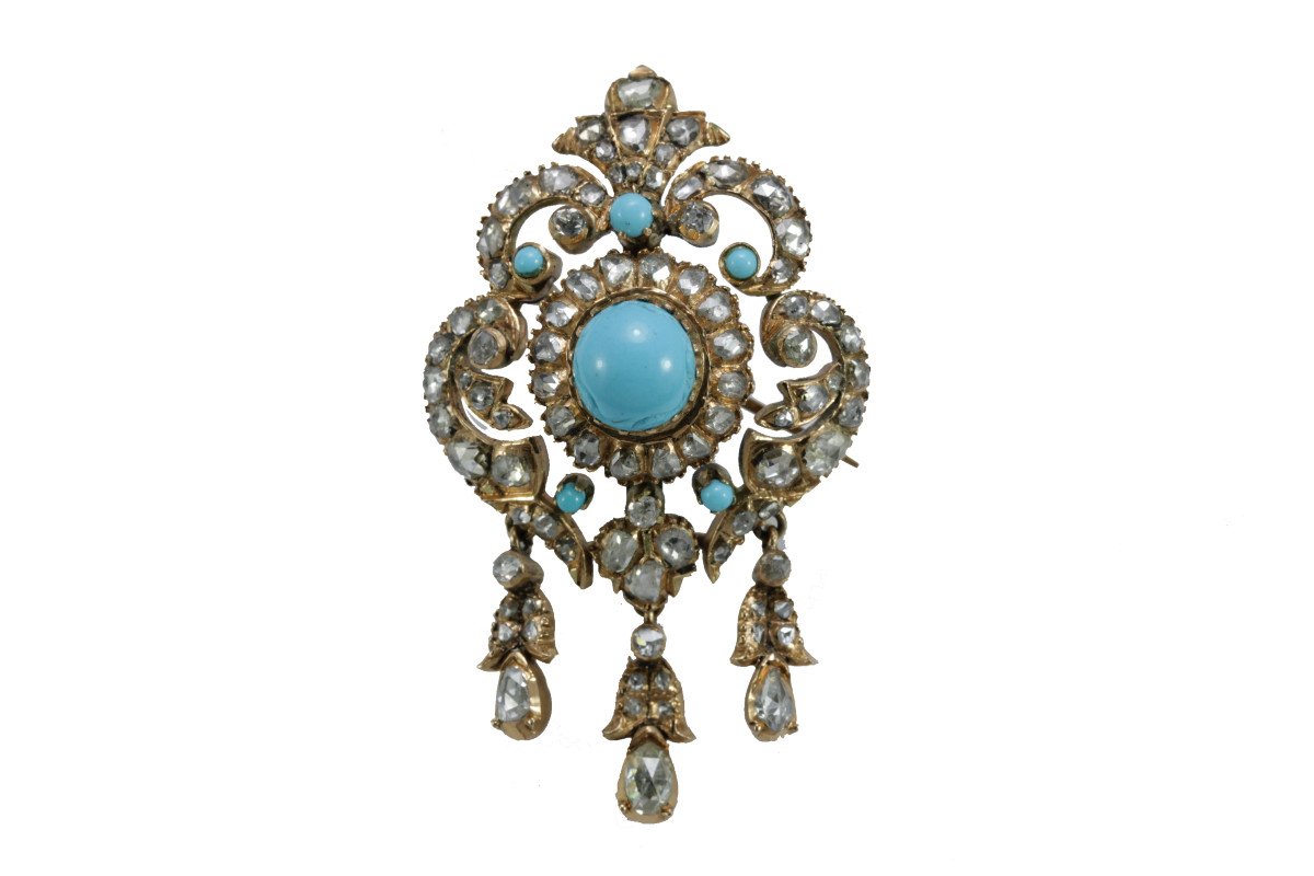 Broche Ancienne Or Diamants Turquoise