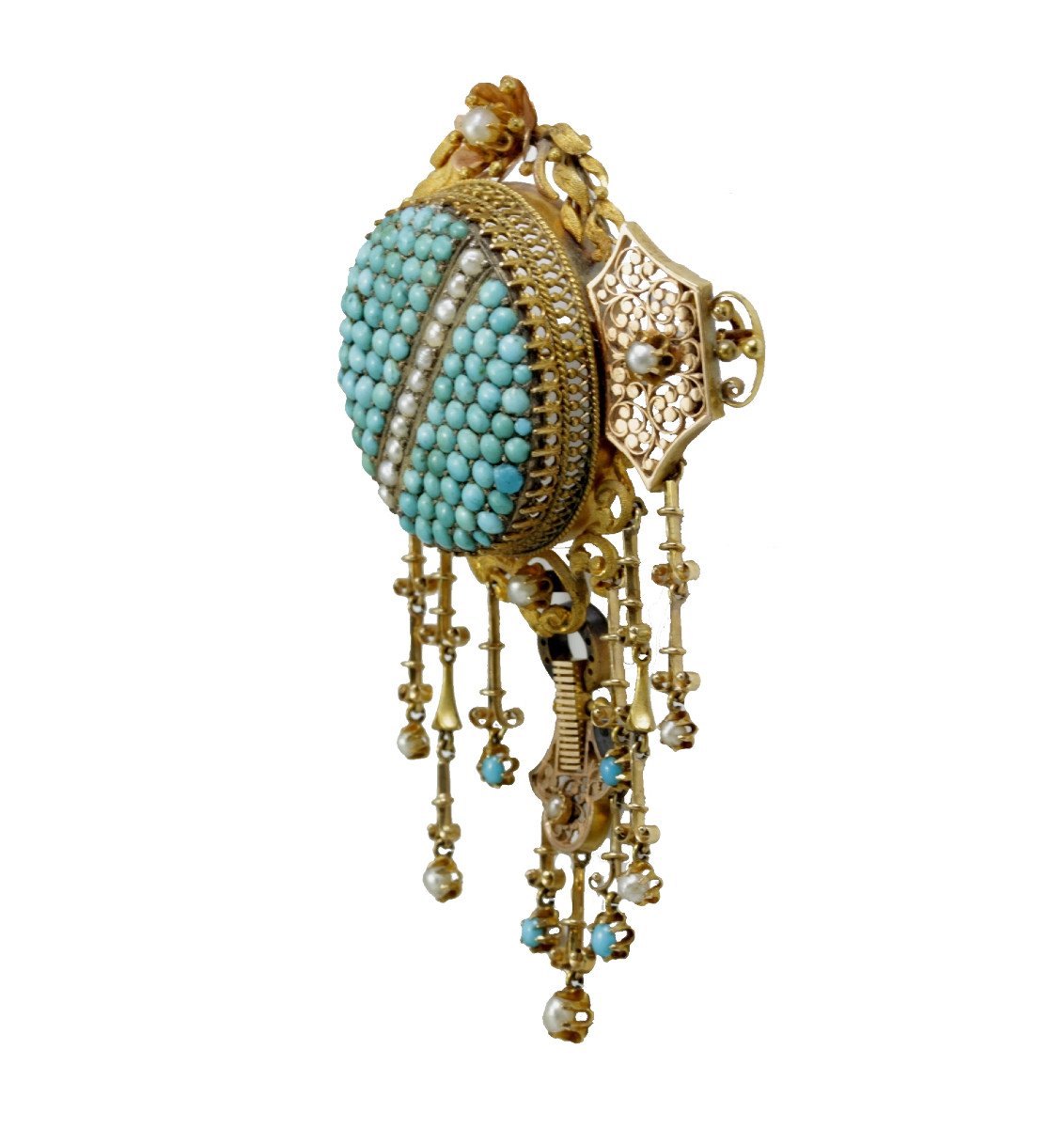Broche Ancienne Or Turquoise Perles Fines-photo-2