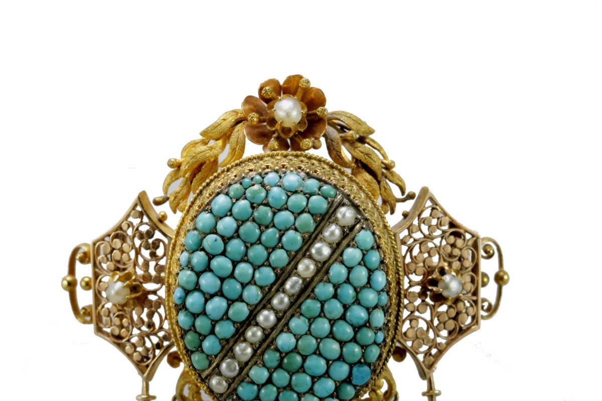 Broche Ancienne Or Turquoise Perles Fines-photo-3
