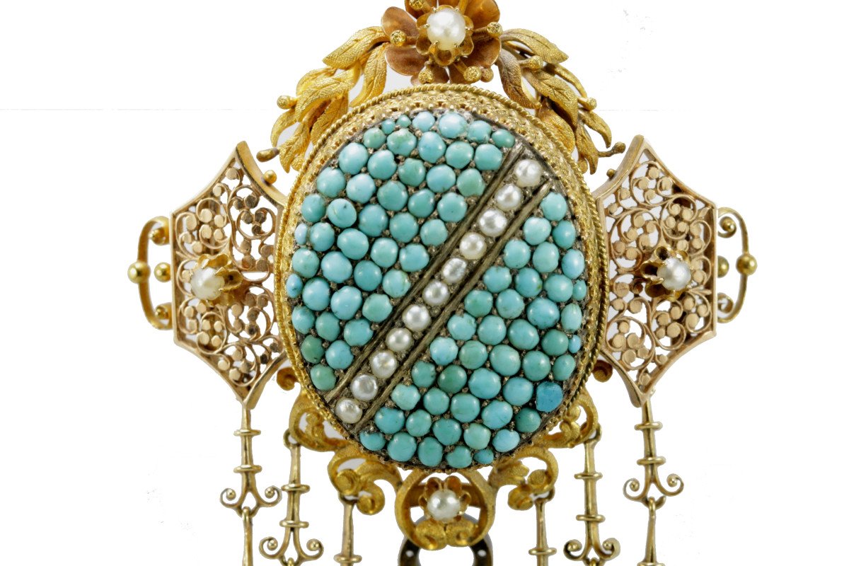 Broche Ancienne Or Turquoise Perles Fines-photo-4