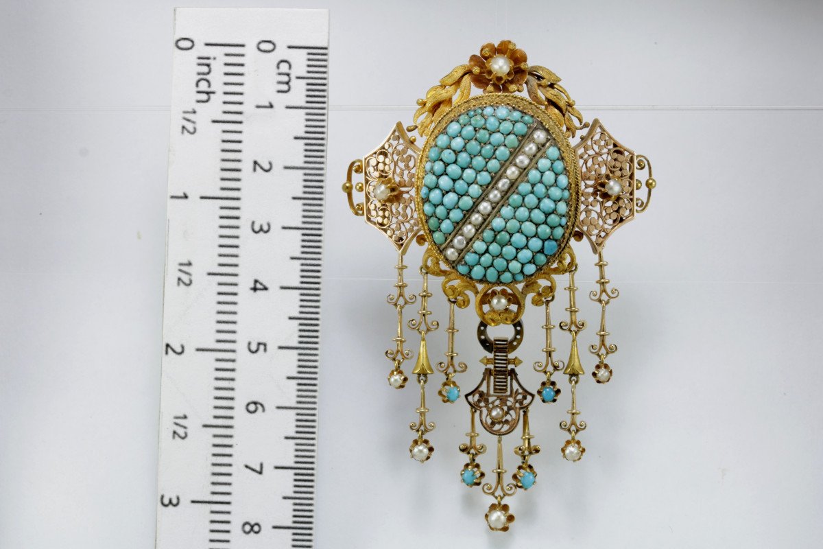 Broche Ancienne Or Turquoise Perles Fines-photo-4