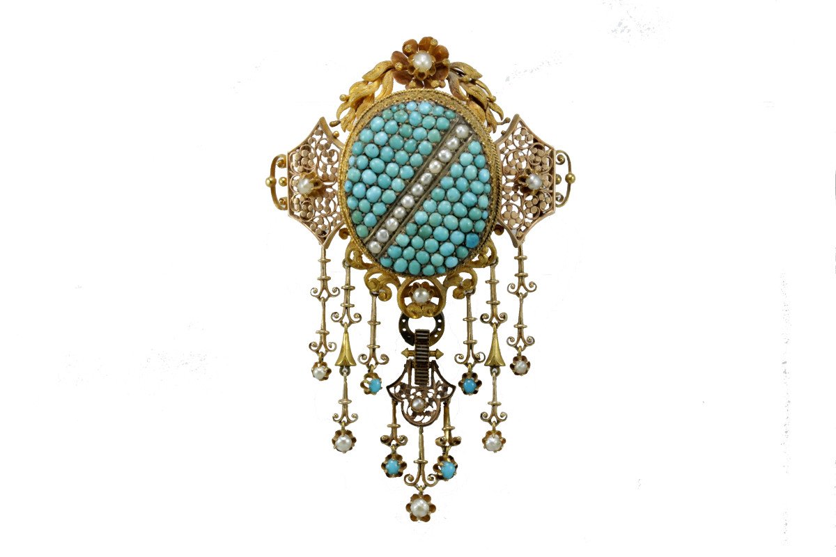 Broche Ancienne Or Turquoise Perles Fines
