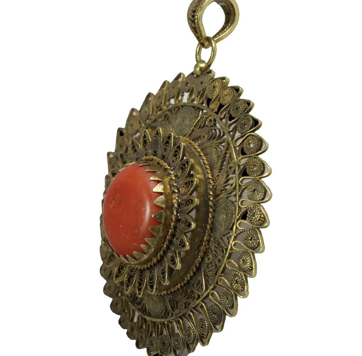 Pendentif Ancienne Or Filigranee Corail-photo-3