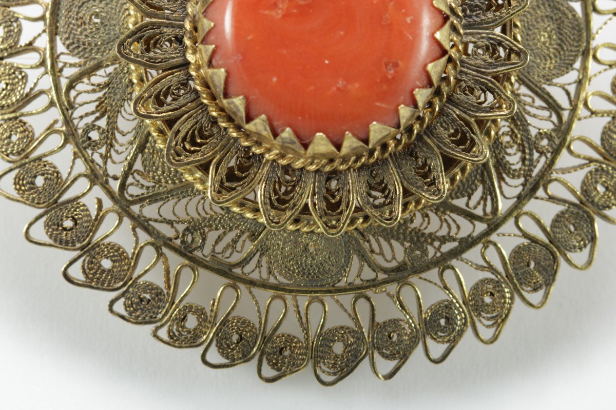 Pendentif Ancienne Or Filigranee Corail-photo-1