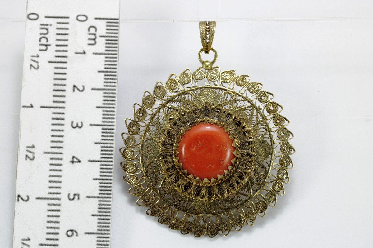 Pendentif Ancienne Or Filigranee Corail-photo-3