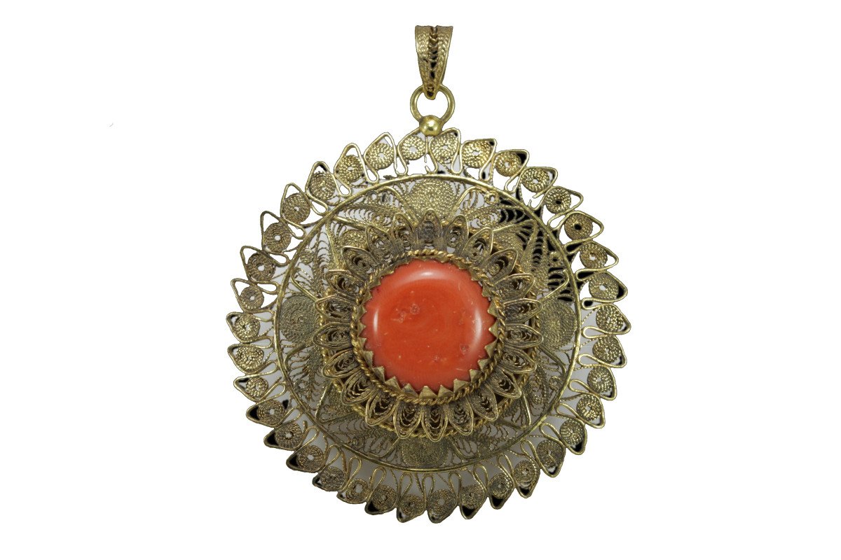 Pendentif Ancienne Or Filigranee Corail