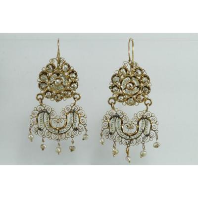 Boucles d'Oreilles Anciennes Or Filigrane Perles Fines