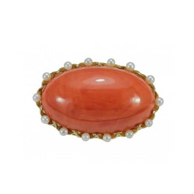 Broche Vintage Or Gros  Corail Rouge
