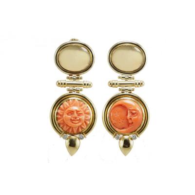 Boucles d'Oreilles Vintage Or  Corail Diamants