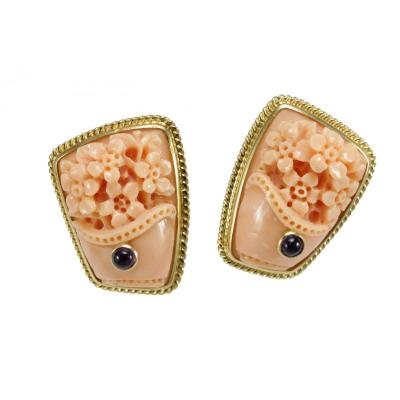 Boucles d'Oreilles Vintage Or  Corail Saphir