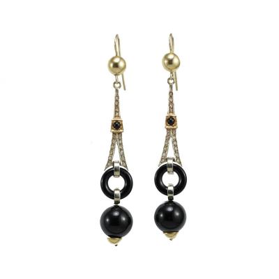 Boucles d'Oreilles Art Deco Or Onyx Diamant