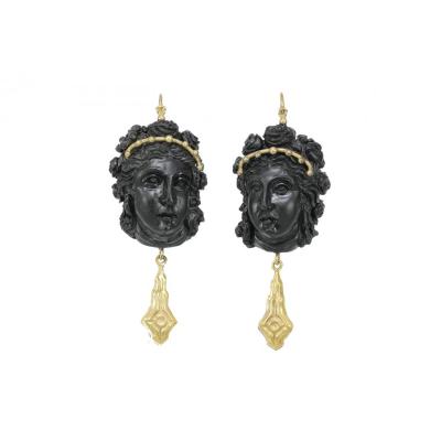 Boucles d'Oreilles Anciennes Or Onyx Camee