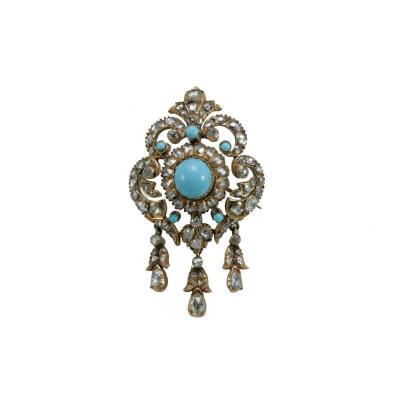 Broche Ancienne Or Diamants Turquoise