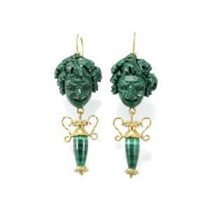 Boucles d'Oreilles Anciennes Or Malachite  Camee