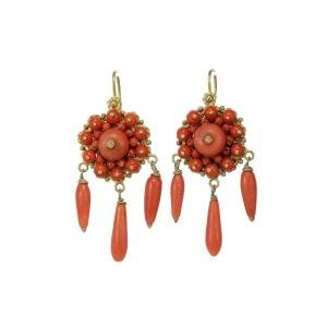 Boucles d'Oreilles Anciennes Or Corail