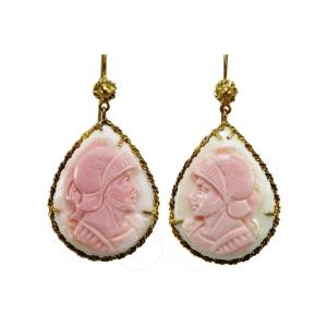 Boucles d'Oreilles Anciennes Or Corail  Camee