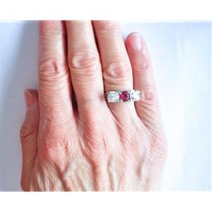 Platinum And White Gold Garter Ring Set With Diamonds And Rubies