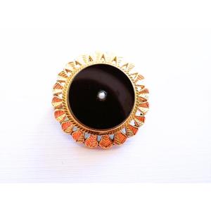 18k Gold Onyx Pendant And Brooch With Small Pearl