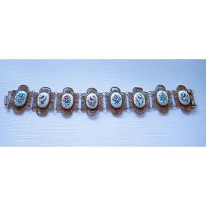 Filigree Bracelet Set With Enamel Floral Motifs