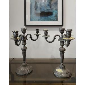 Pair Of Silvered Bronze Candelabra.