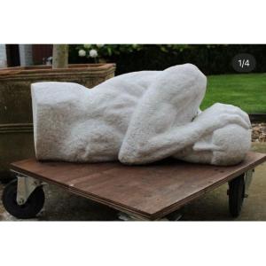 Large Modernist Stone Sculpture Of A Man Hiding His Face, Signed Roland Lavianne
