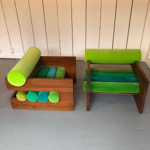 Pair Of Armchairs With Pine Structure, Seat And Back Made Up Of Five Cylindrical Cushions