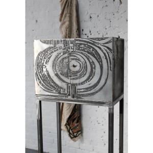 Cabinet Bar By The Belgian Sculptor Roger Bonduel (1930-2019) In Acid-etched And Patinated Steel