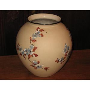Large Ciboure Sandstone Ball Vase With Japanese Cherry Blossom Decor By C Fischer