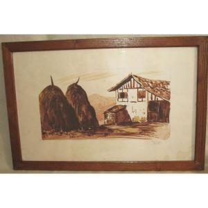 Watercolor Brown Wash View Of Sare And The Rhune Landscape Basque Country 20th Time