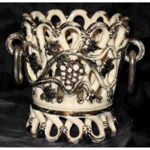 Langeais Earthenware Round Planter Decorated With Bunches Of Grapes Signed Th. 19th