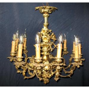 Gilt Bronze Chandelier Transition Louis XV Louis XVI Style With 12 Lights 19th Century