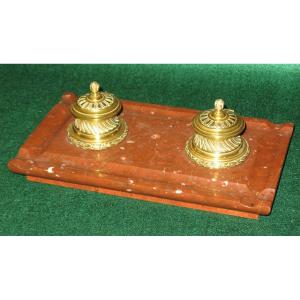 Double Inkwell In Bronze And Cherry Red Marble, Louis XVI Style, 19th Century