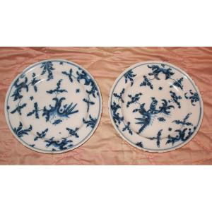 Pair Of Earthenware Plates From Marseille, 18th Century Chinese Decor In Shades Of Blue