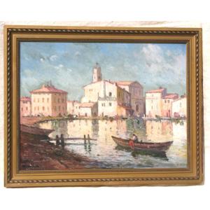 Martigues Quai Brescon Oil On Canvas Signed Mardieu 20th Time View Of Provence