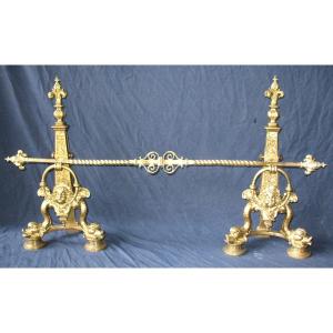 Pair Of Large Andirons Andirons In Gilded Bronze In The Louis XIV Style, 19th Century