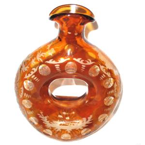 Bohemian Amber Glass Gourd Vase Decorated With Animals And Forest Landscapes, 19th Century
