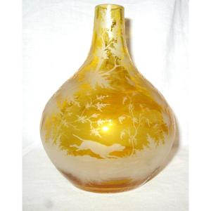 Bohemian Amber Glass Ball Vase Decorated With Animals And Forest Landscapes 19th Century