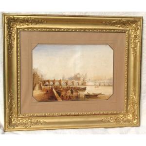 View Of The Pont Neuf In Paris Large Framed Watercolor 19th Century