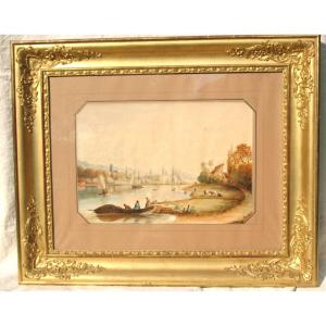 View Of Rouen Large Framed Watercolor 19th Time