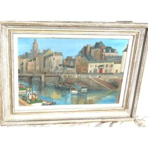 Port Du Croisic Oil On Hardboard Signed Georges Demoulin Port Scene