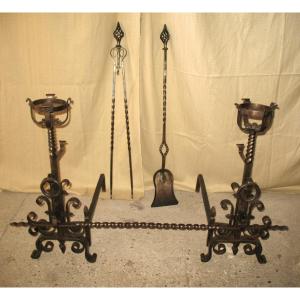 Pair Of Wrought Iron Andiron Landiers Complete With Tweezer Shovel And Bar, 20th Century