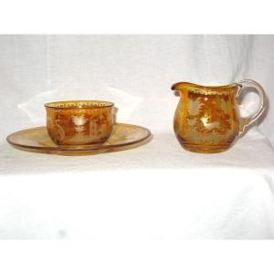 Finger Rinse And Pitcher In Amber Bohemian Glass Engraved With Animal Decorations, 19th Century